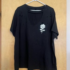 SHEIN Black Tee with White Floral Accent